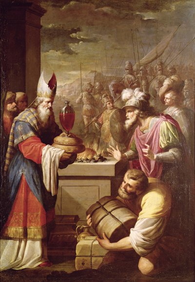 Melchizedek biedt brood en wijn aan door French School